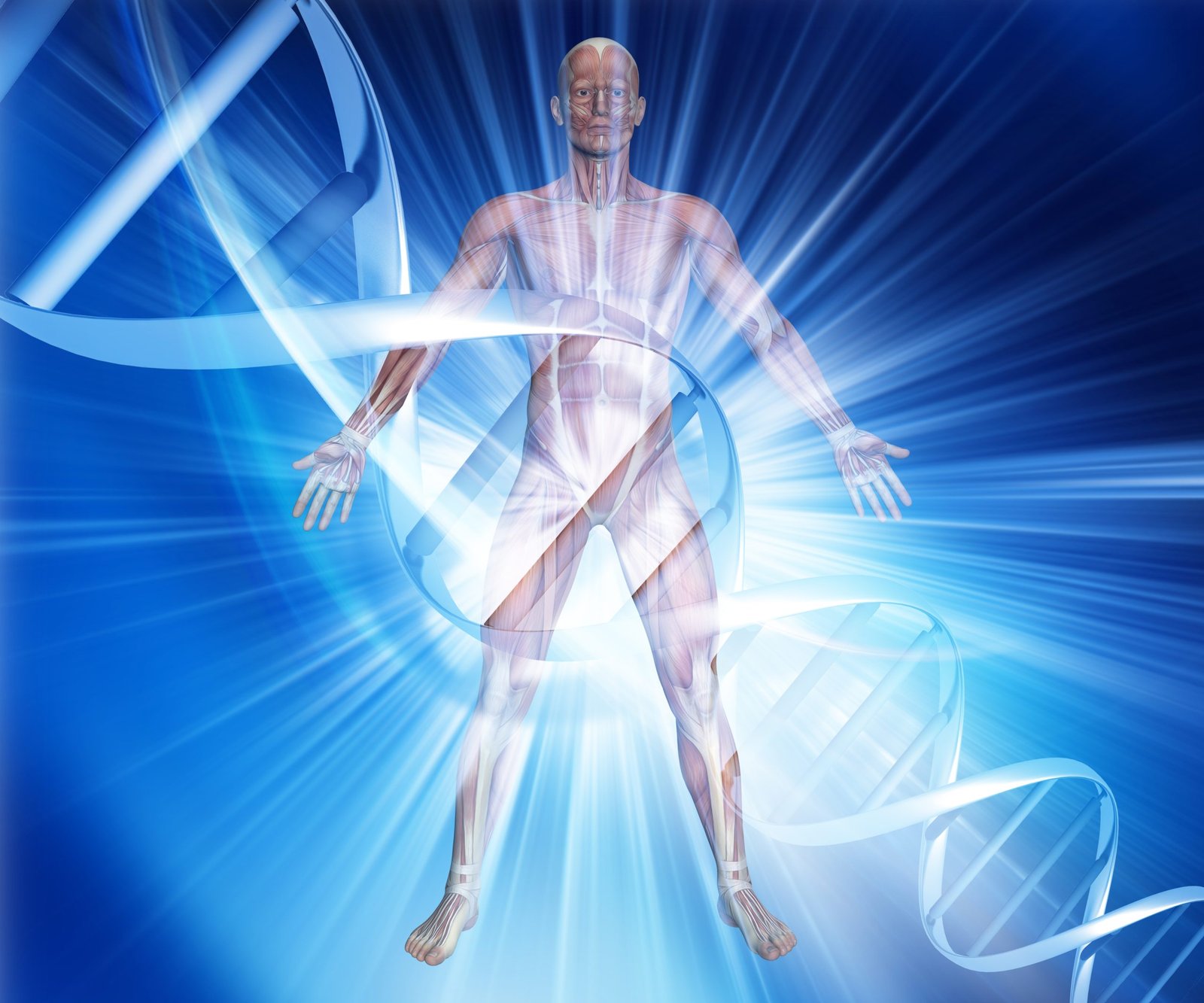 3D male medical figure on abstract DNA background